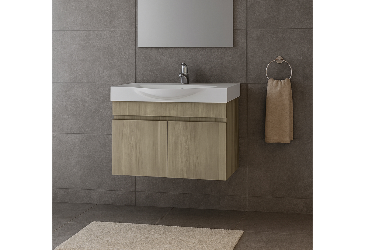 Απεικονίζεται ο πάγκος και ο νιπτήρας του επίπλου μπάνιου